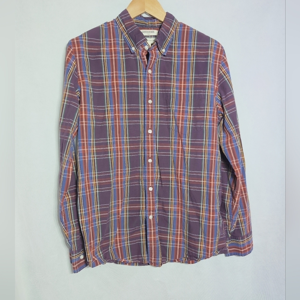Goodthreads Poplin Sz L Men's Plaid Button Down Shirt - Purple Blue, Red, Yellow